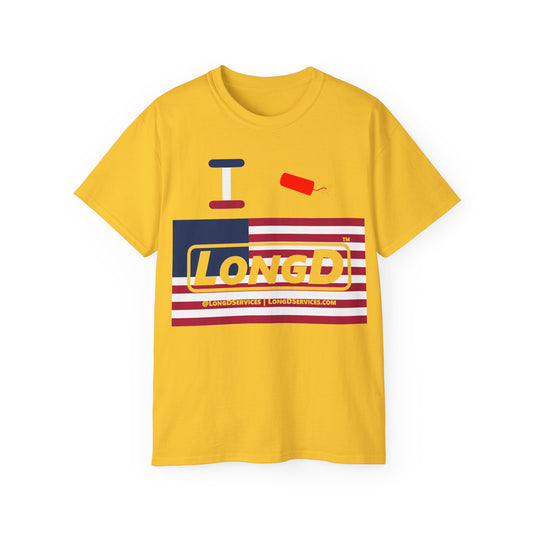 I Firecracker LongD® Logo Cotton Tee Red, White and Blue negative flag text