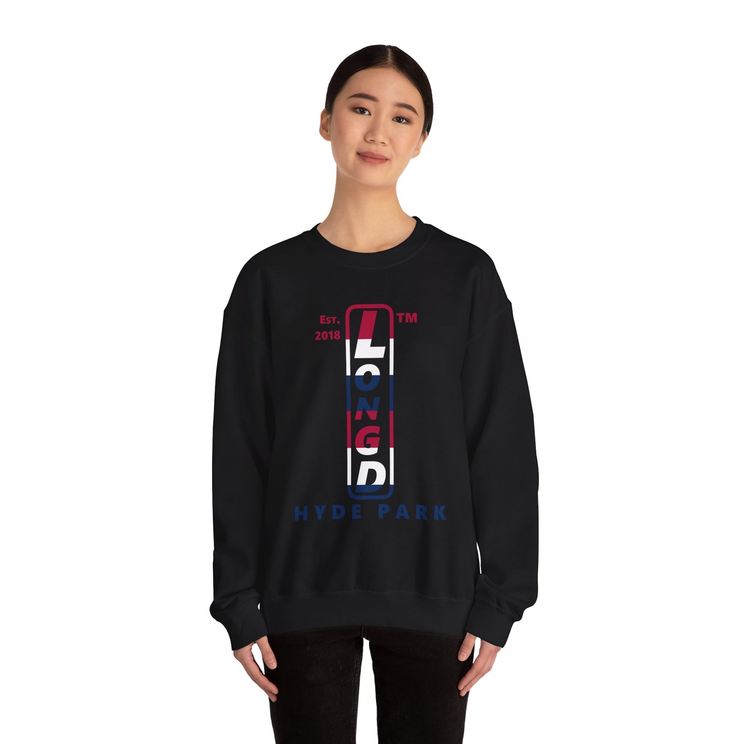 LongD positive horizontal 6-striped Hyde Park upright logo crewneck sweatshirt (patriotic colors)