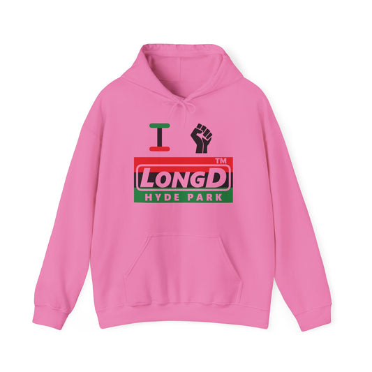 I fist LongD® negative horizontal 3-striped Hyde Park logo Hoodie (Juneteenth colors)