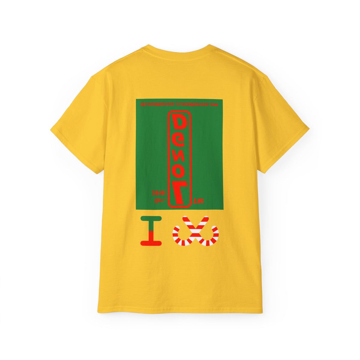 I candy cane LongD Tag-domain upright front-back logo positive red on negative green cotton tee