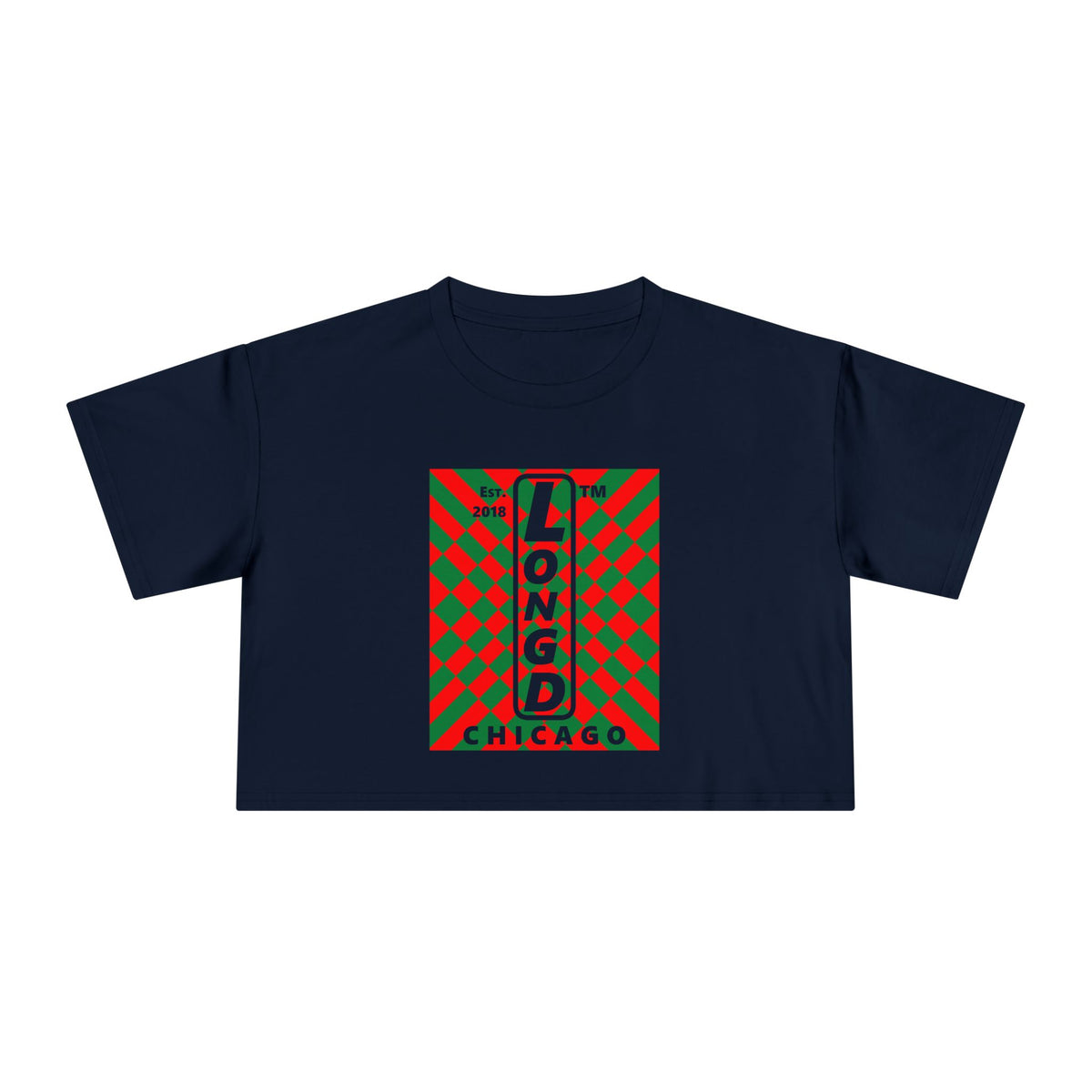 LongD Chicago negative upright stylized argyle logo (Xmas colors) crop tee