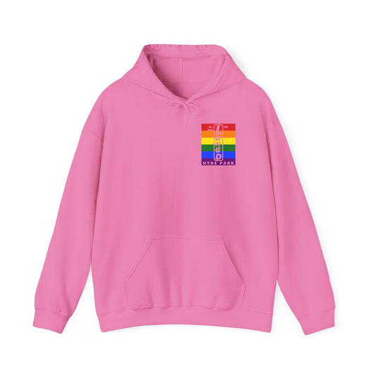 LongD single-breasted negative vertical 6-striped front-back upright Hyde Park logo hoodie (Pride colors)