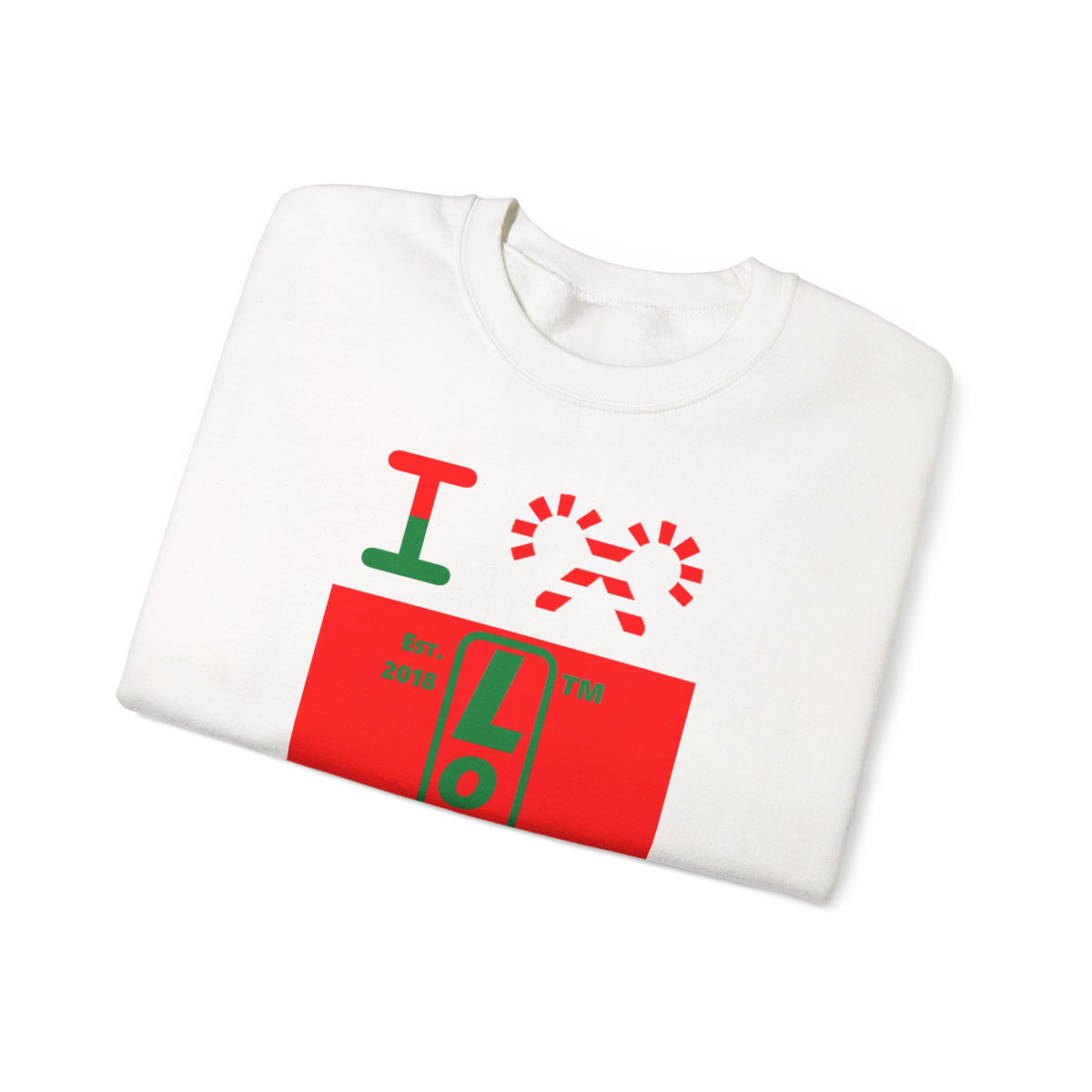 I candy cane LongD Hyde Park upright logo positive green on negative red crewneck sweatshirt