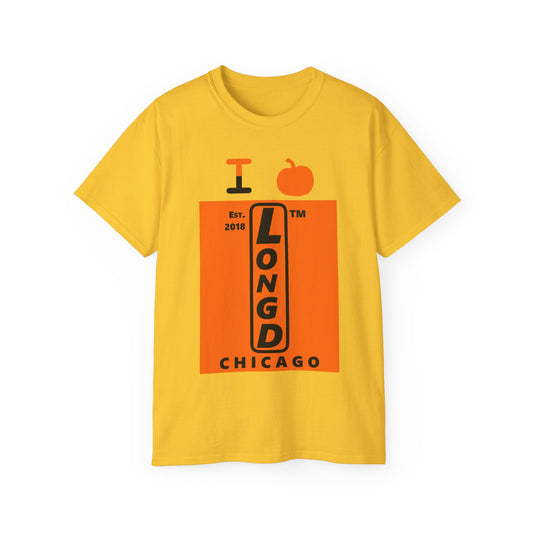 I pumpkin LongD Chicago upright logo positive black on negative orange cotton tee