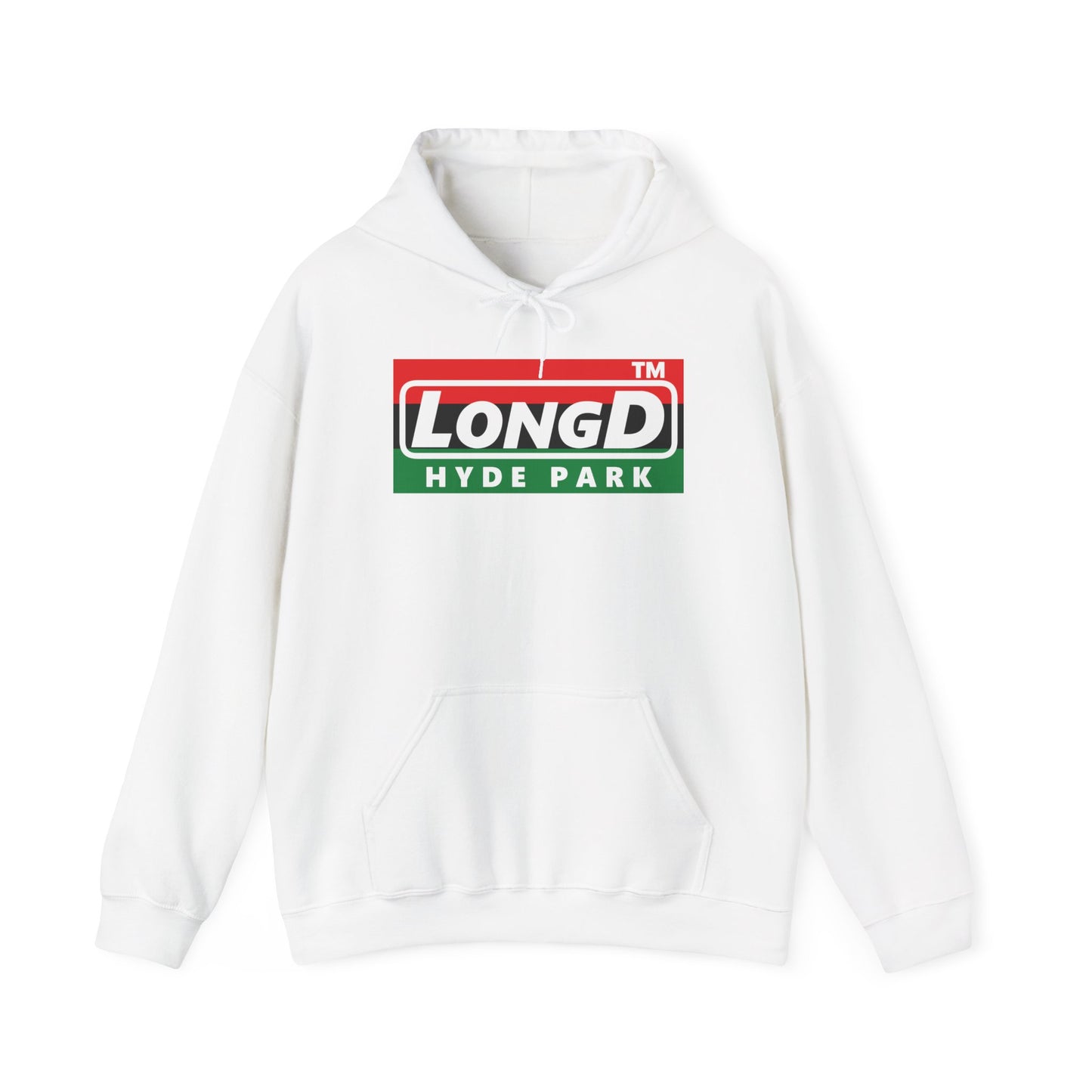 LongD® negative horizontal 3-striped Hyde Park logo Hoodie (Juneteenth colors)
