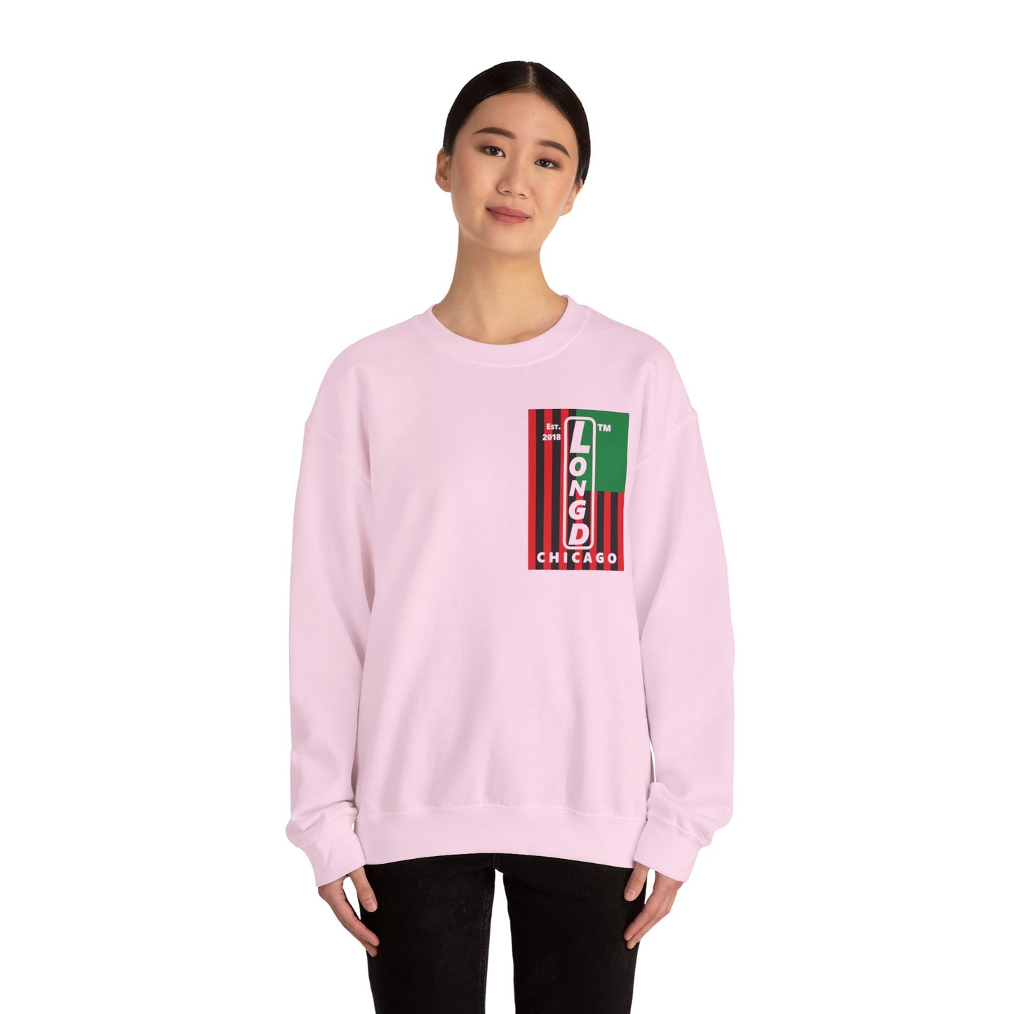 LongD negative cropped flag single-breasted front-back Chicago upright logo crewneck sweatshirt (Juneteenth colors)