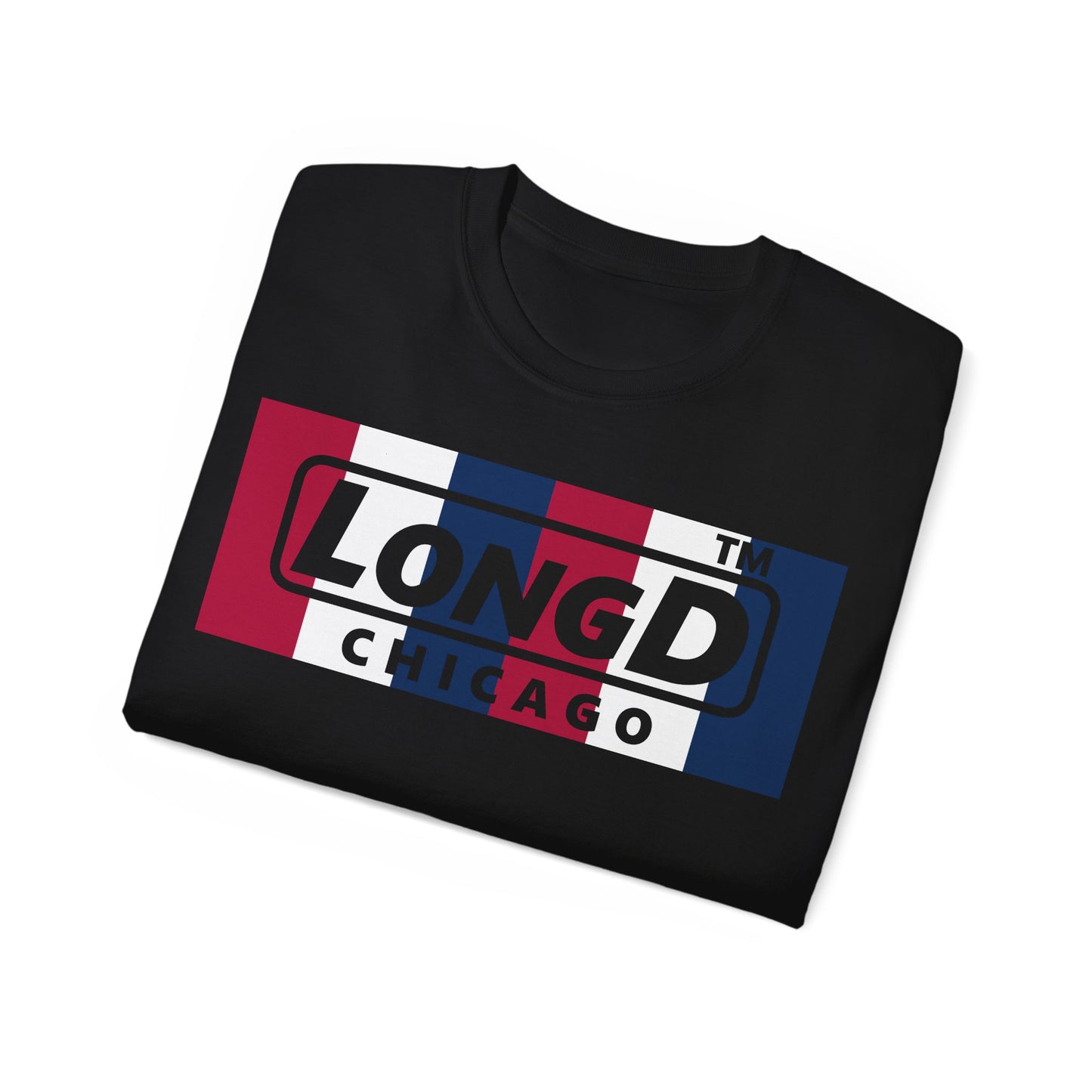 LongD negative vertical 6-striped Chicago logo cotton tee (patriotic colors)