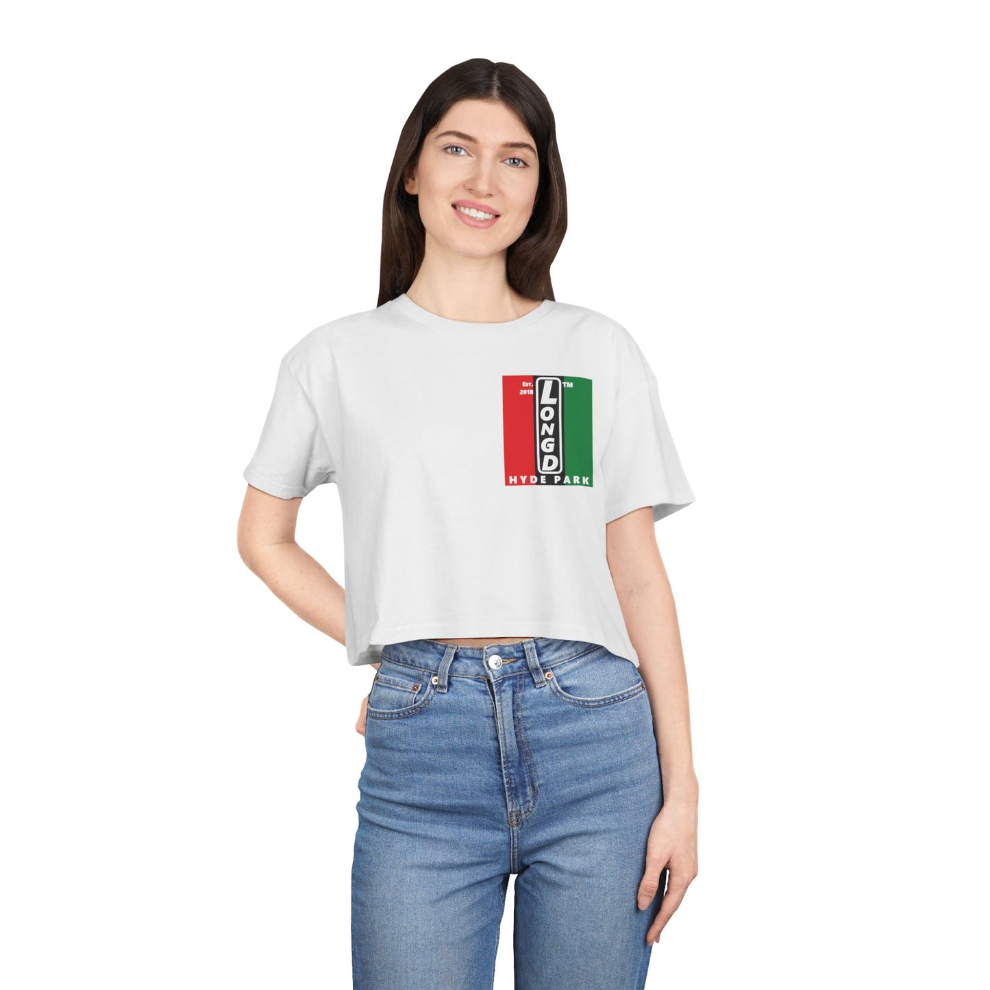 Negative vertical 3-striped upright single-breasted Hyde Park logo crop tee (Juneteenth colors)
