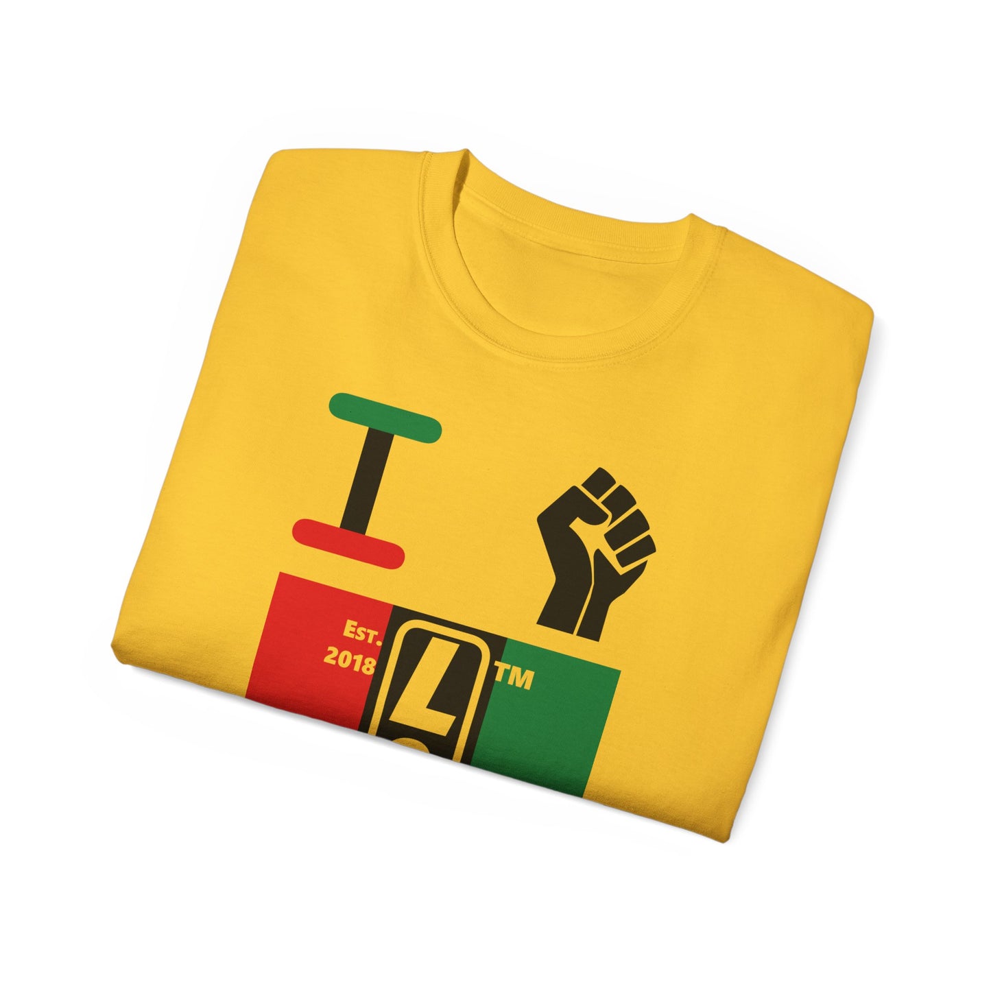 I fist LongD Cotton Tee negative vertical striped Hyde Park upright logo (Juneteenth colors)