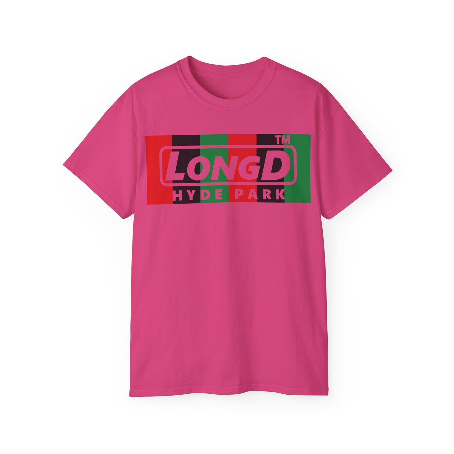 LongD negative vertical 6-striped Hyde Park logo front-back cotton tee (Juneteenth colors)
