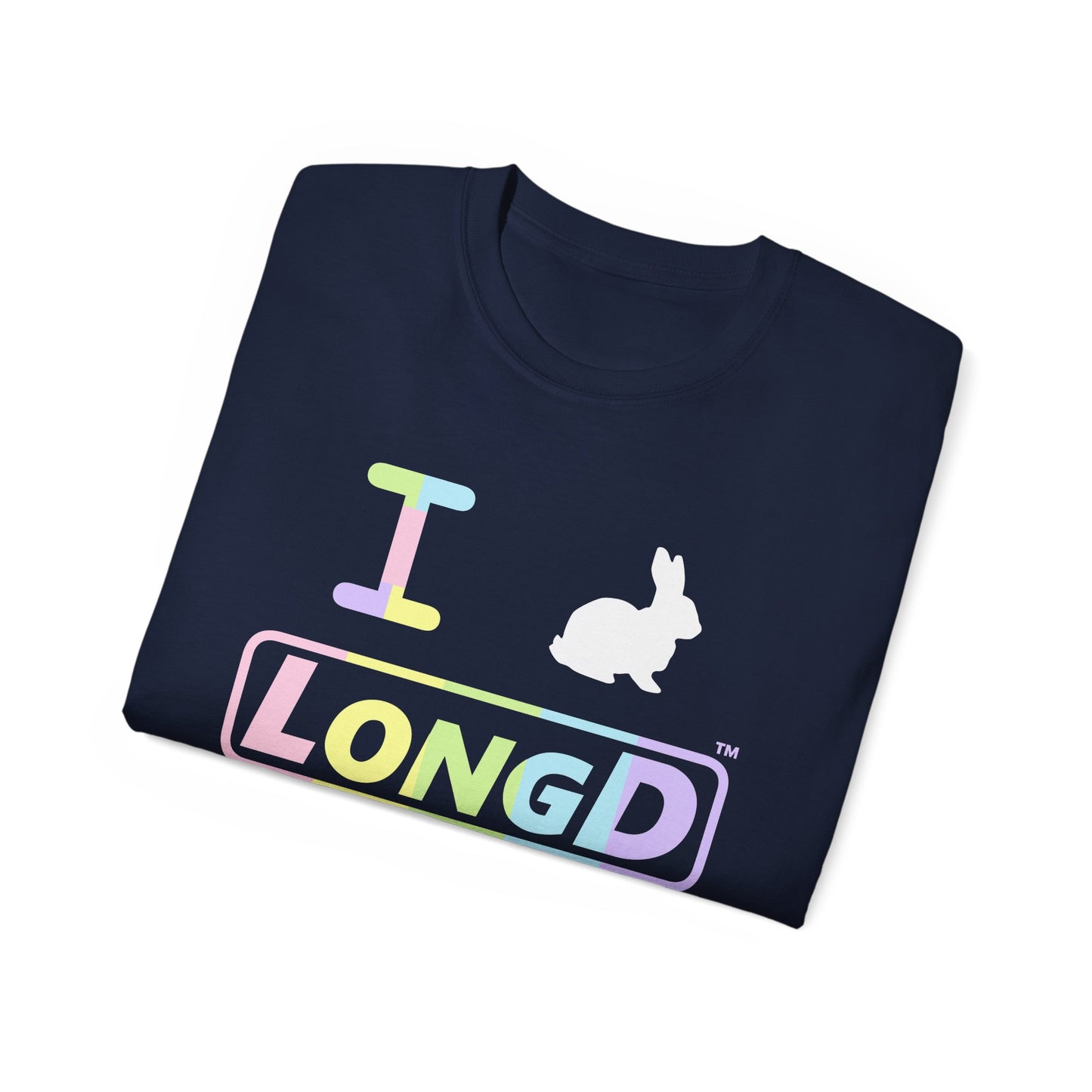 I Bunny LongD® Logo Cotton Tee Easter pastel spectrum text (white Easter Bunny)