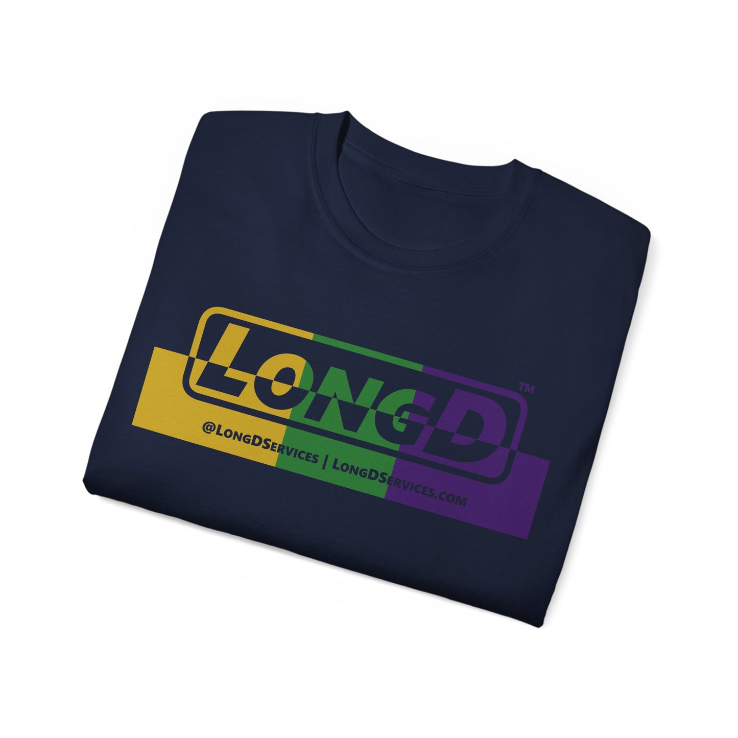 LongD® Logo Cotton Tee (positive top and negative bottom Mardi Gras colored text)
