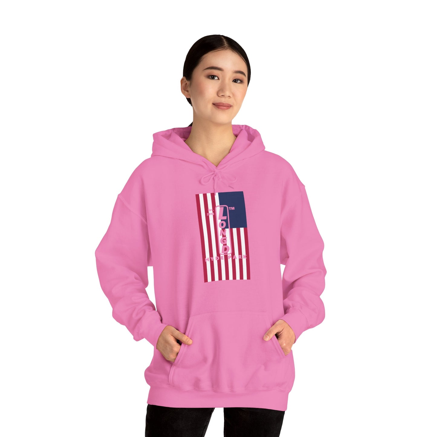 LongD® negative flag upright Hyde Park logo hoodie (Patriotic colors)