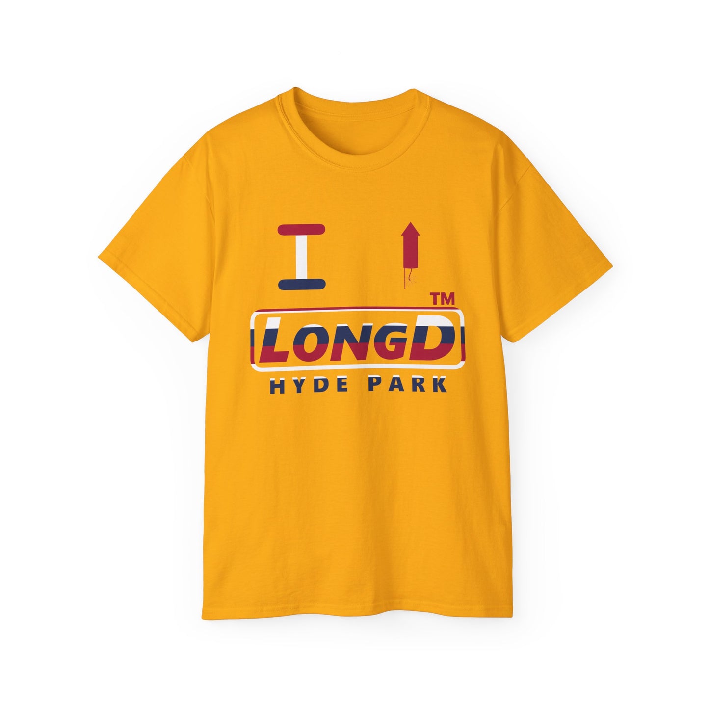 I firecracker LongD positive horizontal 6-striped Hyde Park logo cotton tee
