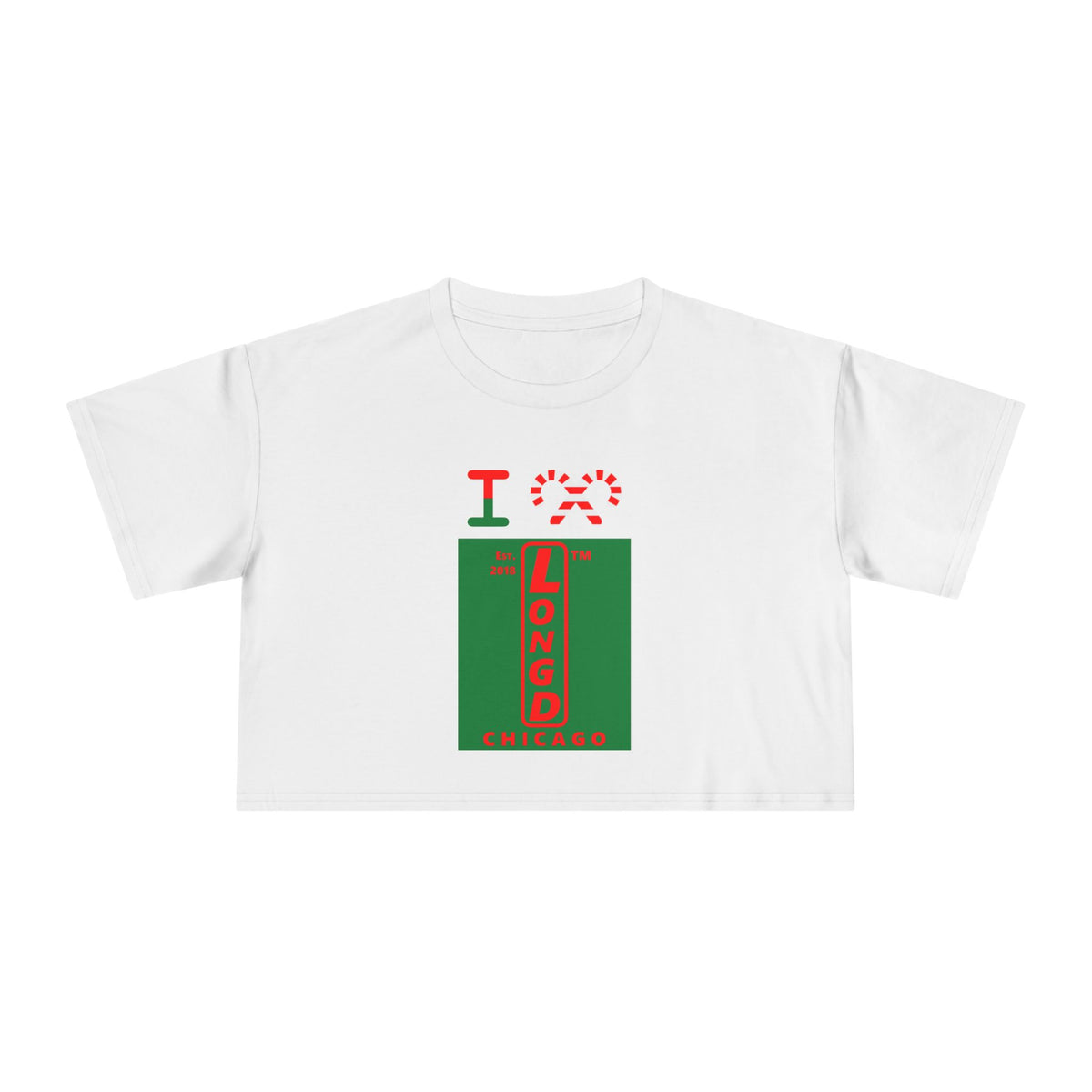 I candy cane LongD Chicago upright front-back logo positive red on negative green crop tee