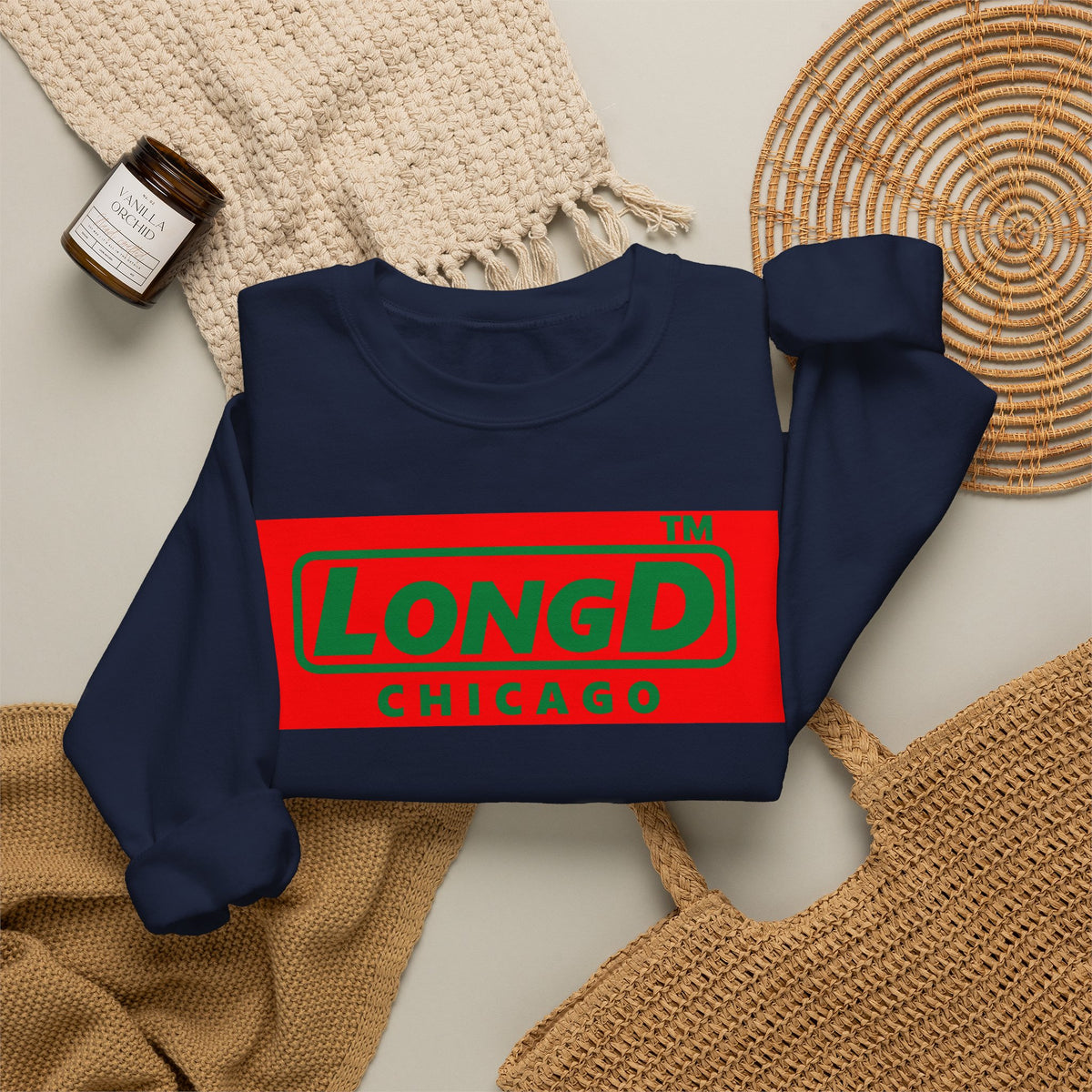LongD Chicago logo positive green on negative red (Xmas colors) crewneck sweatshirt