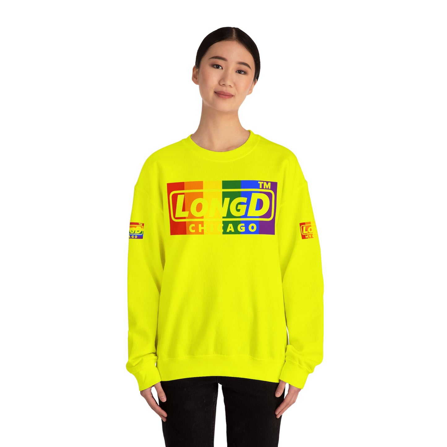 LongD official basic 4-print Chicago logo crewneck sweatshirt with Pride heart