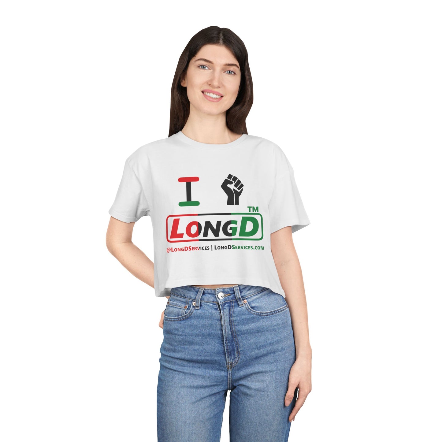 I fist LongD positive vertical 3-striped tag-domain logo crop tee