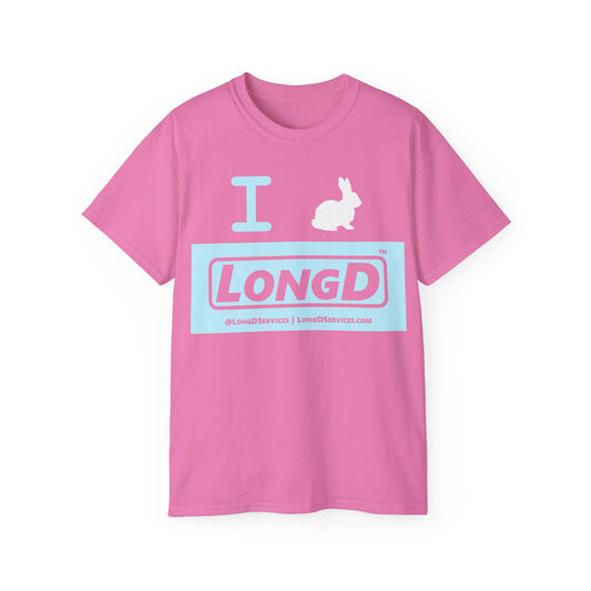 I Bunny LongD® Logo Cotton Tee Easter pastel blue negative text (white Easter Bunny)