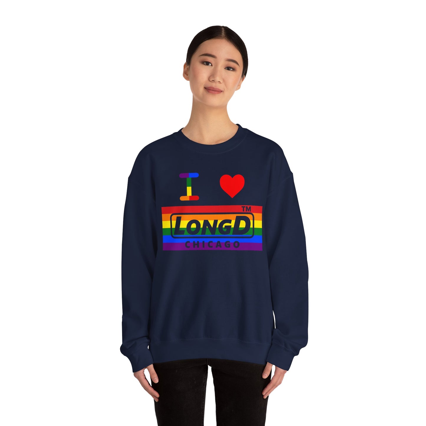I Luv LongD negative horizontal striped Chicago logo crewneck sweatshirt (Pride colors)