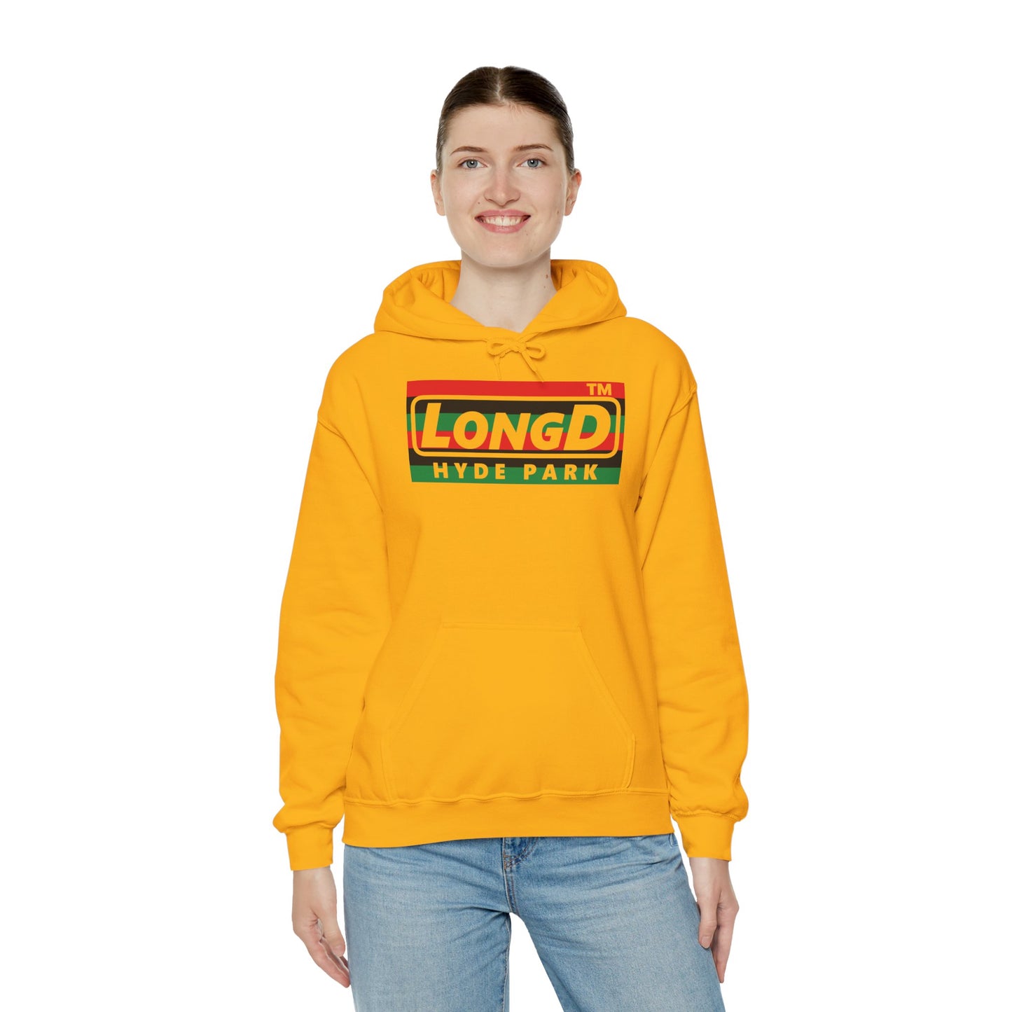 LongD® negative horizontal 6-striped Hyde Park logo Hoodie (Juneteenth colors)