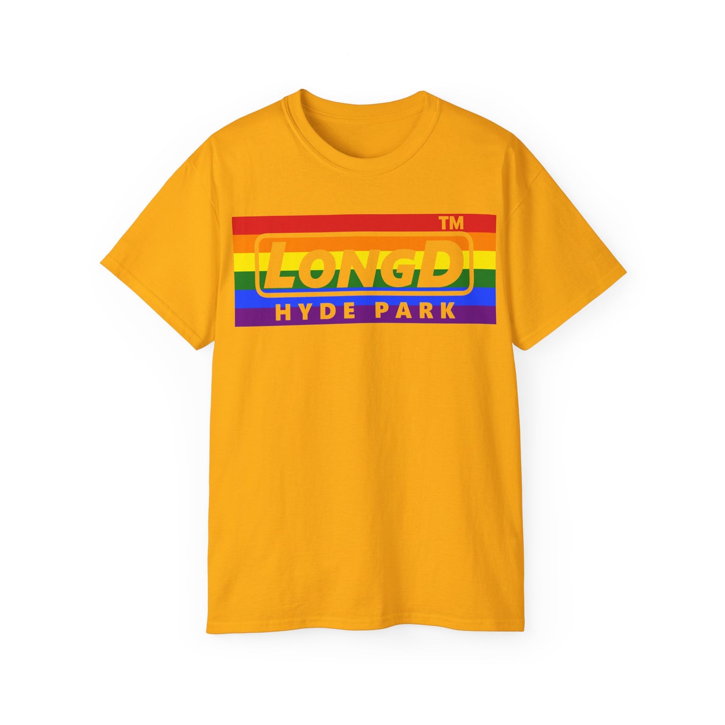 LongD negative horizontal striped Hyde Park logo cotton tee (Pride colors)