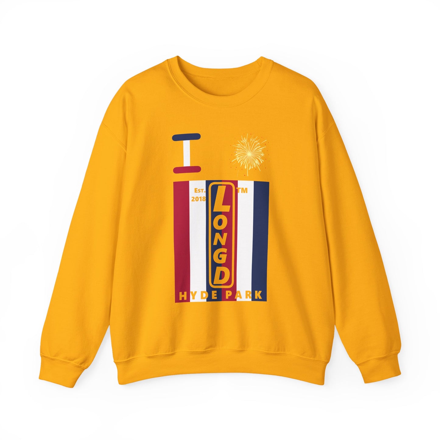 I Burst LongD negative vertical 6-striped Hyde Park upright logo crewneck sweatshirt