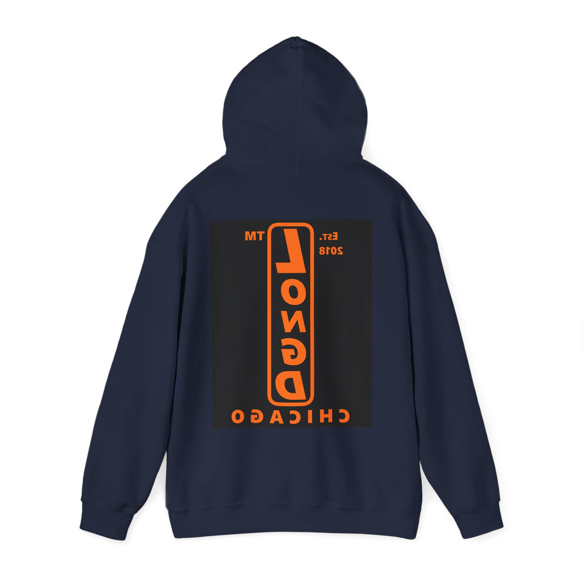 LongD Chicago upright front-back logo orange (FE7518) on Black (000000) hoodie