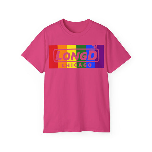 LongD negative vertical striped Chicago logo cotton tee (Pride colors)