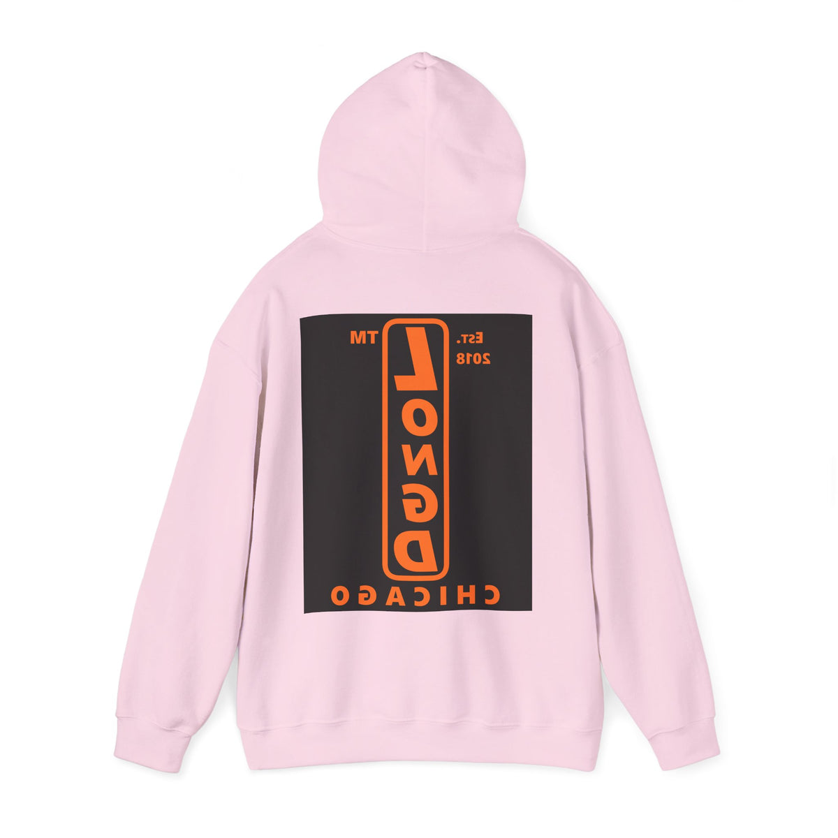 LongD Chicago upright front-back logo orange (FE7518) on Black (000000) hoodie