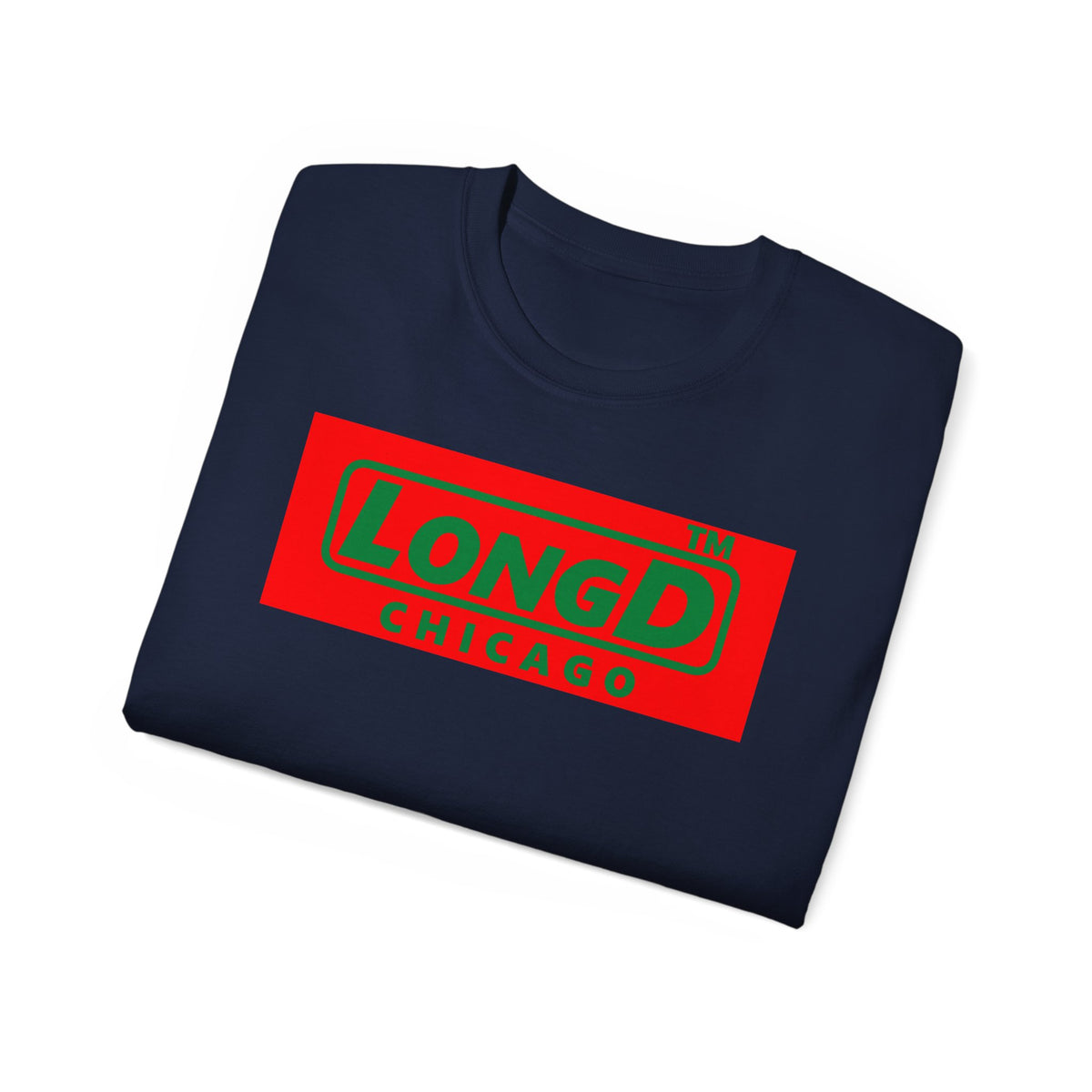LongD Chicago logo positive green on negative red (Xmas colors) cotton tee