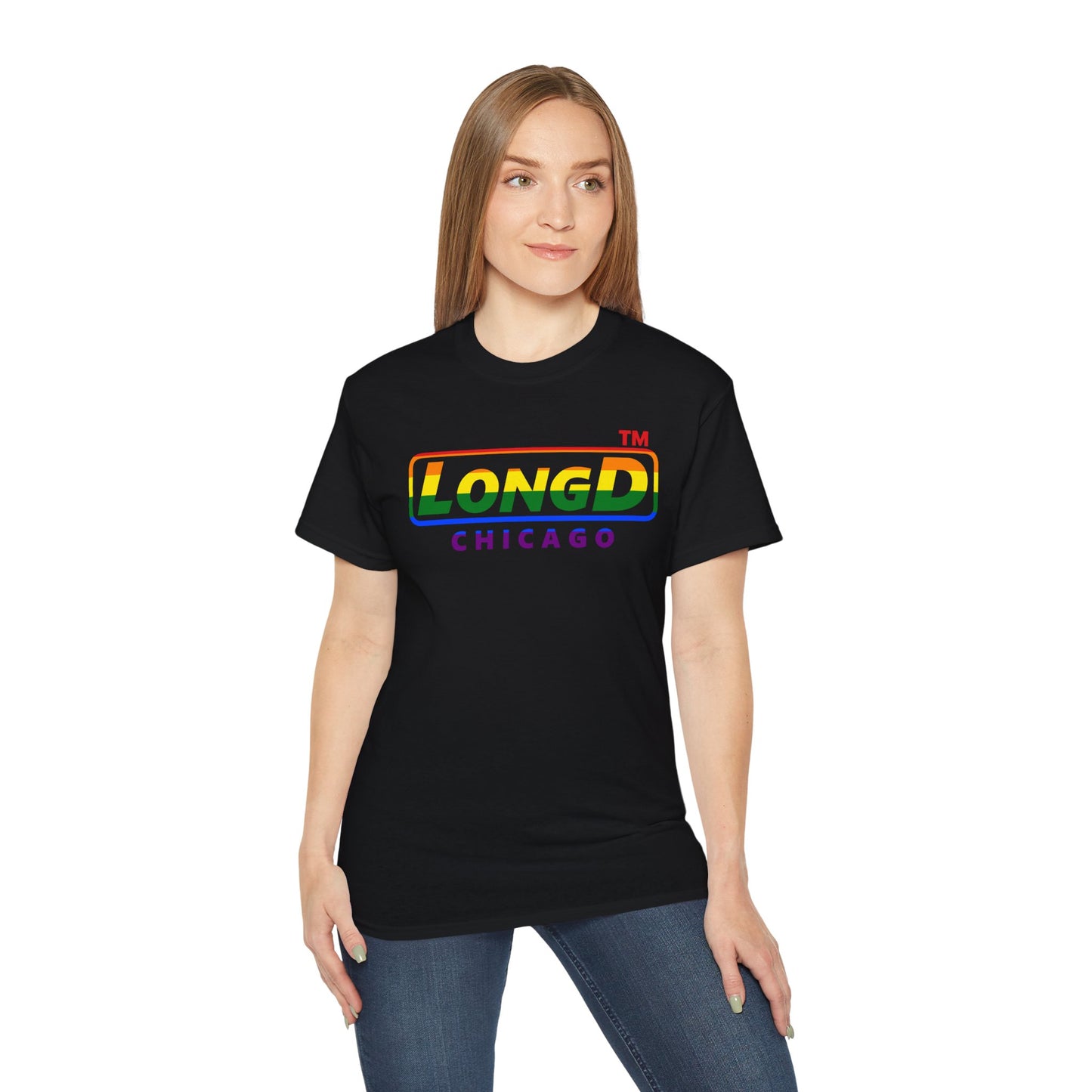 LongD positive vertical striped front-back Chicago logo cotton tee (Pride colors)