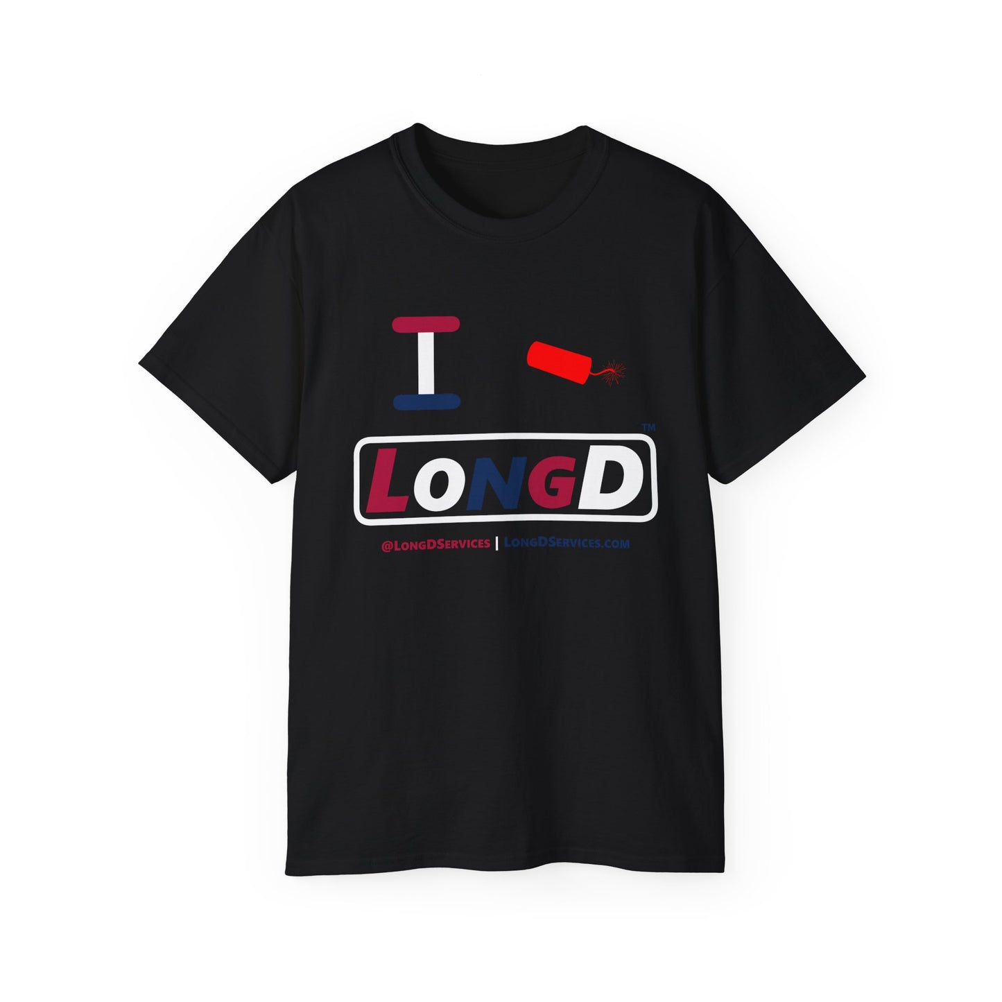 I Firecracker LongD® Logo Cotton Tee Red, White and Blue positive varied elements text