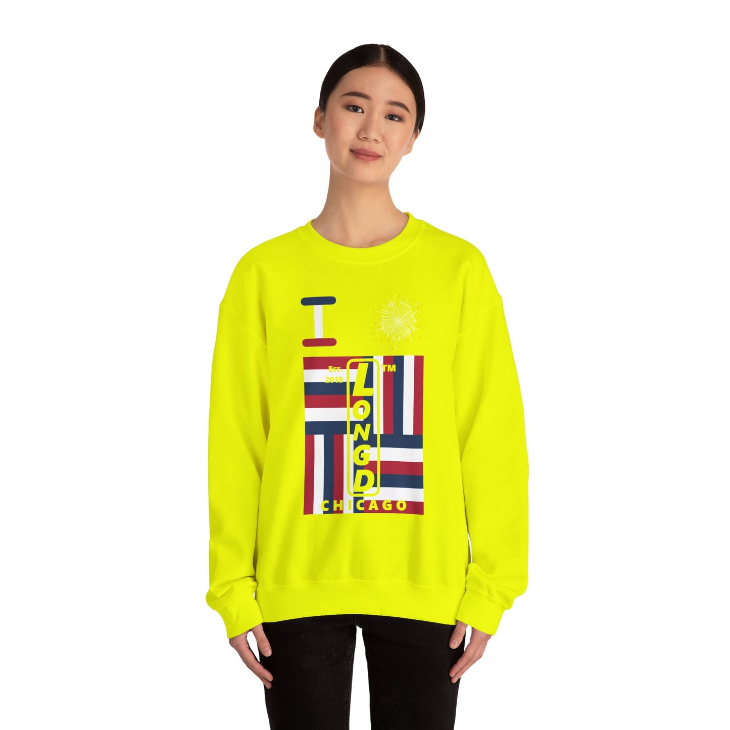 I Burst LongD negative windmill Chicago upright front-back logo crewneck sweatshirt
