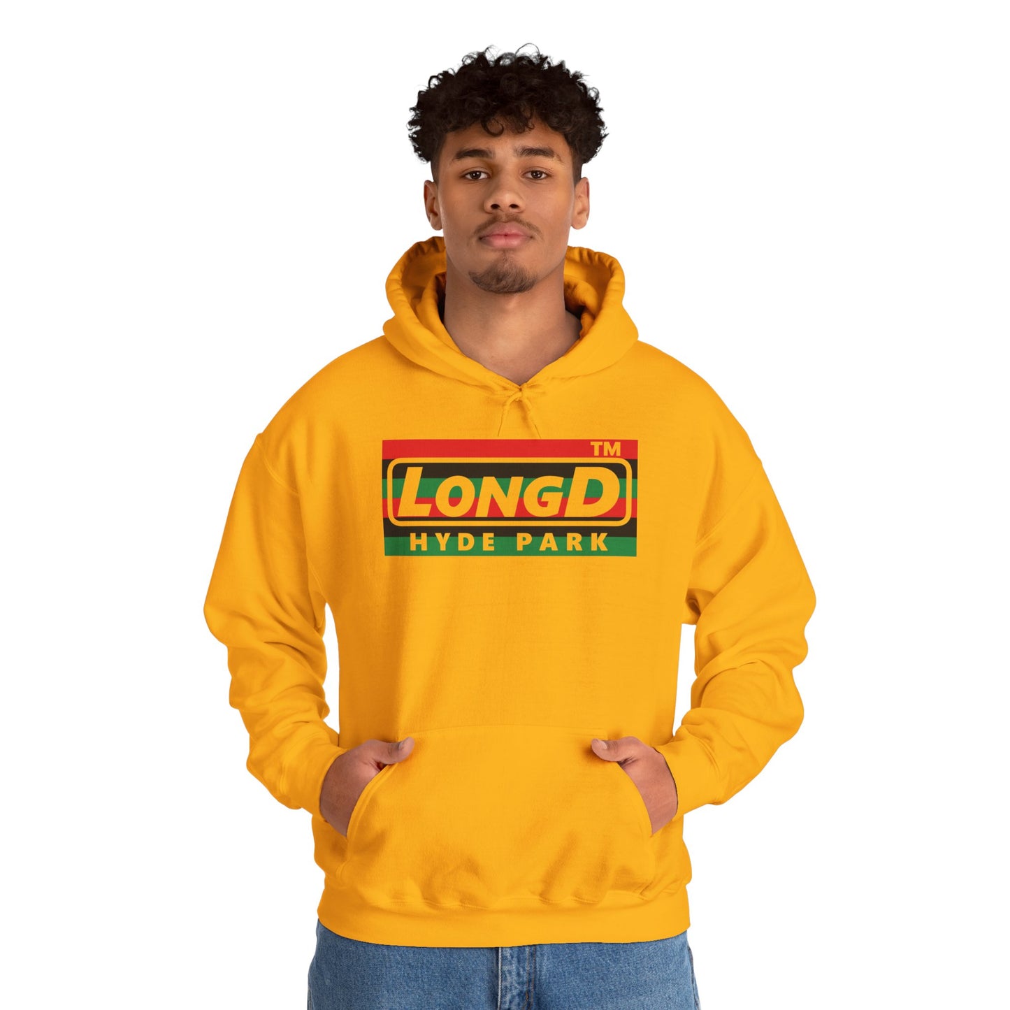 LongD® negative horizontal 6-striped Hyde Park logo Hoodie (Juneteenth colors)
