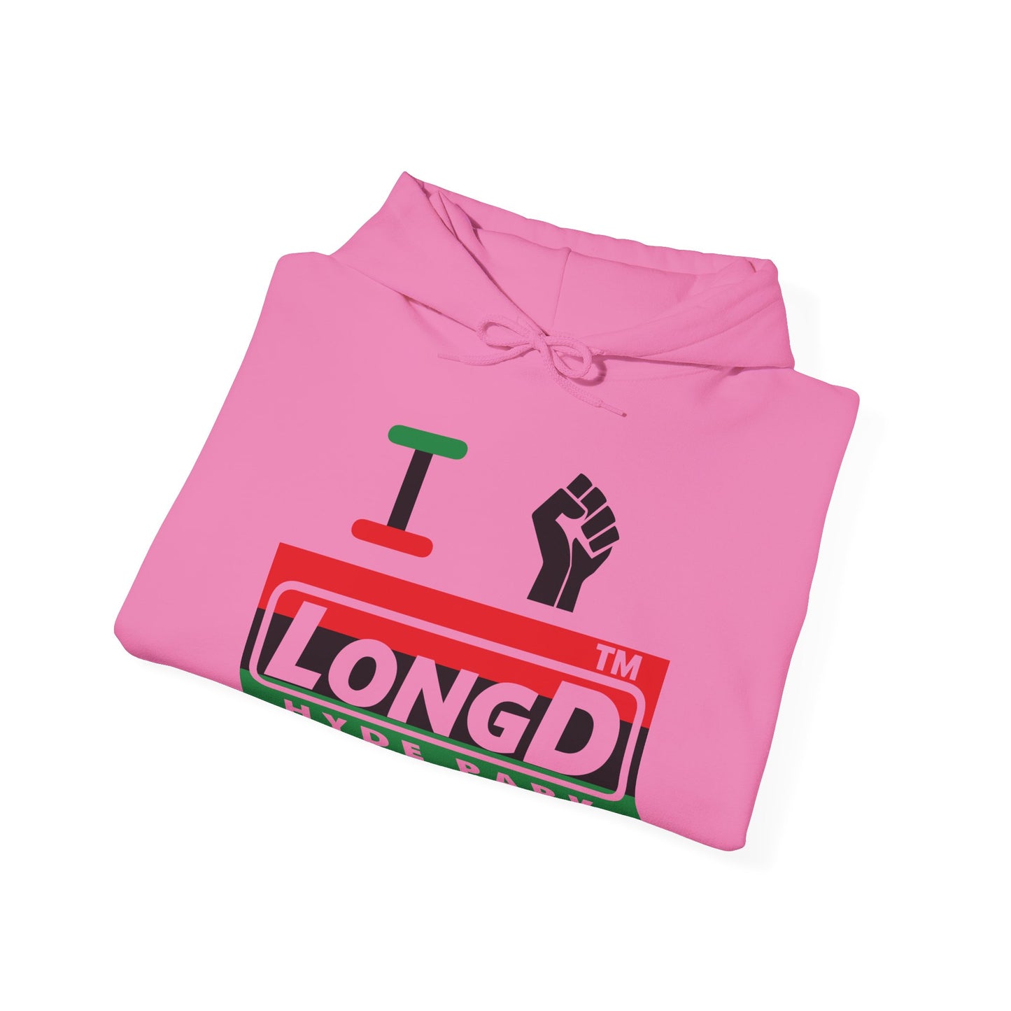 I fist LongD® negative horizontal 3-striped Hyde Park logo Hoodie (Juneteenth colors)