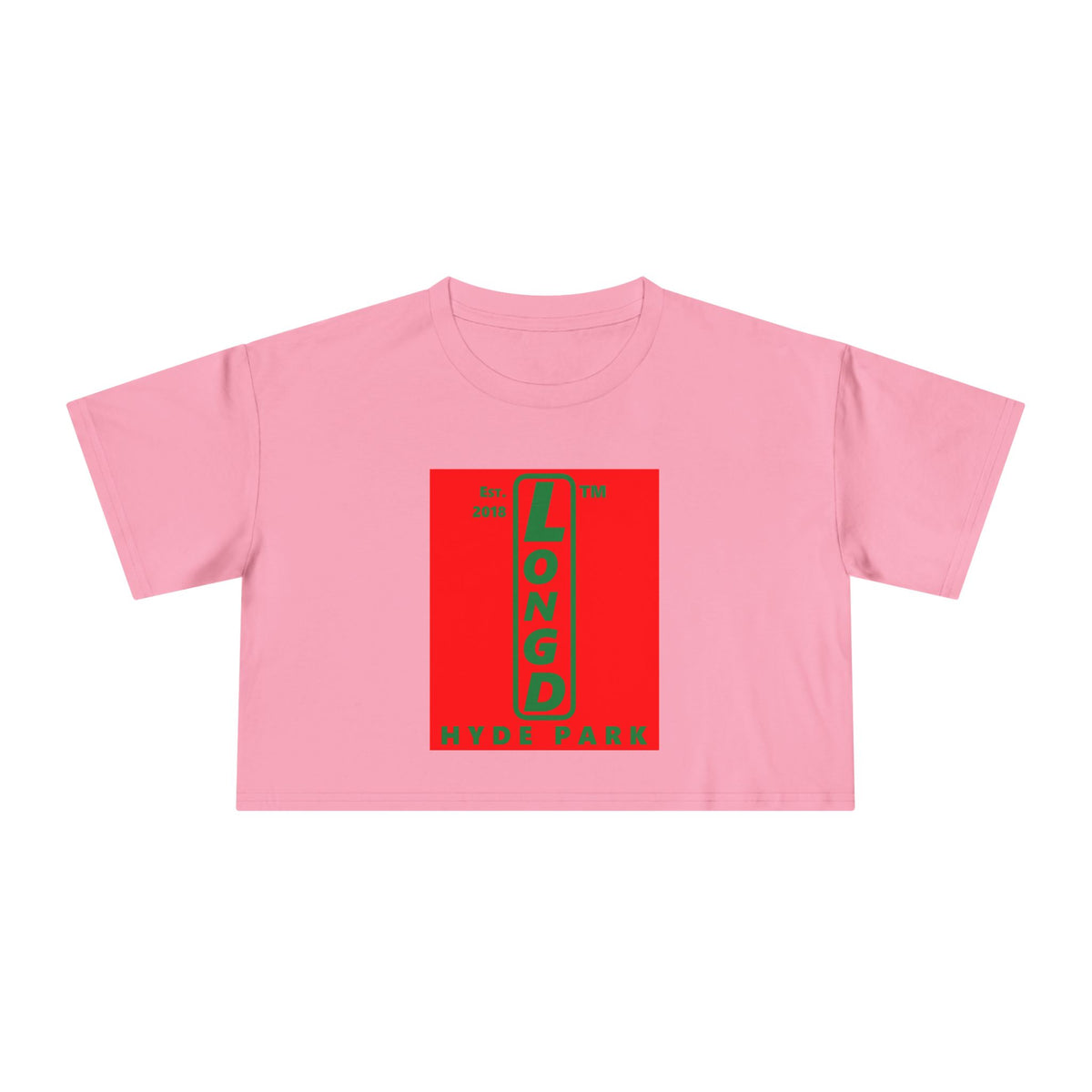LongD Hyde Park upright logo positive green on negative red (Xmas colors) crop tee