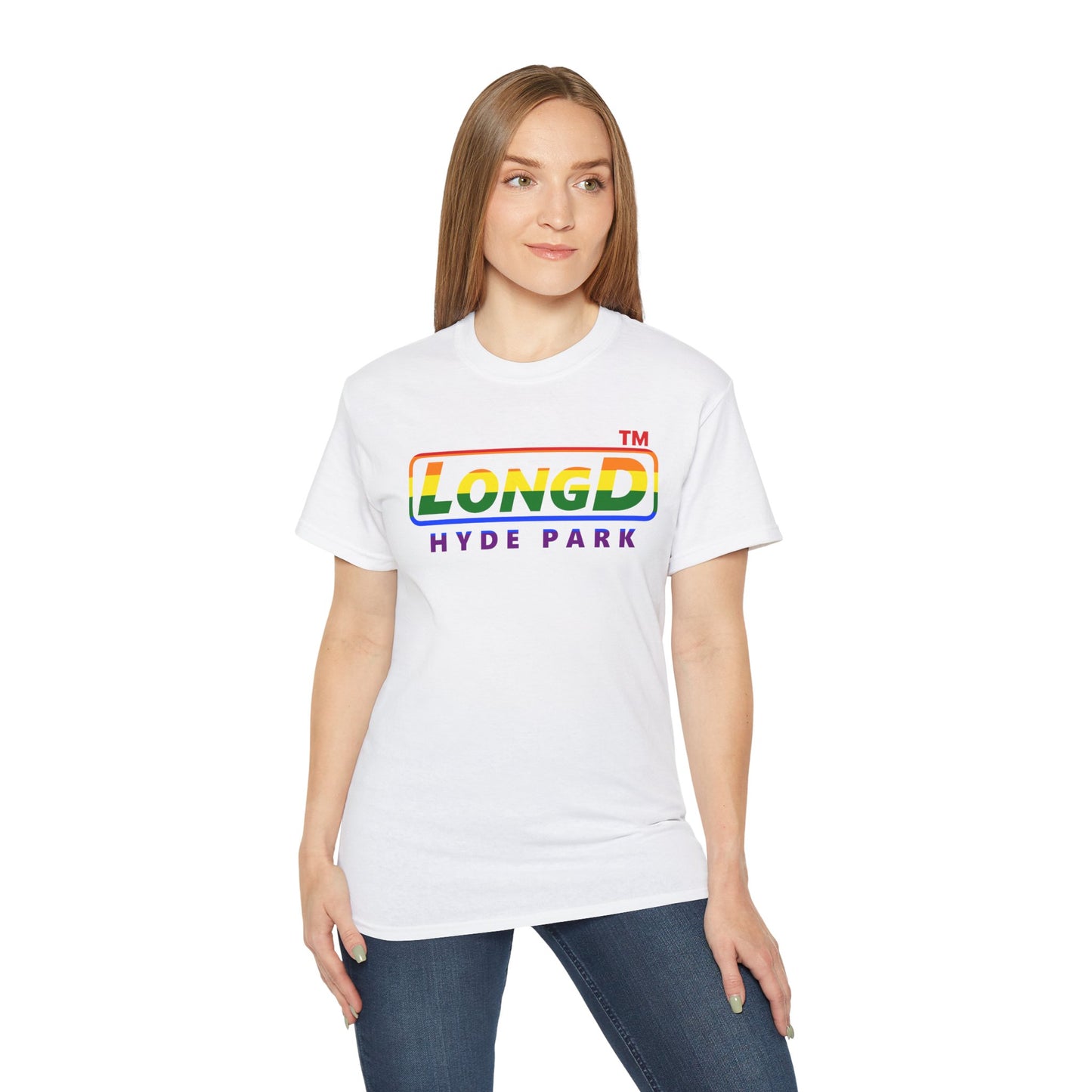 LongD positive vertical striped front-back Hyde Park logo cotton tee (Pride colors)