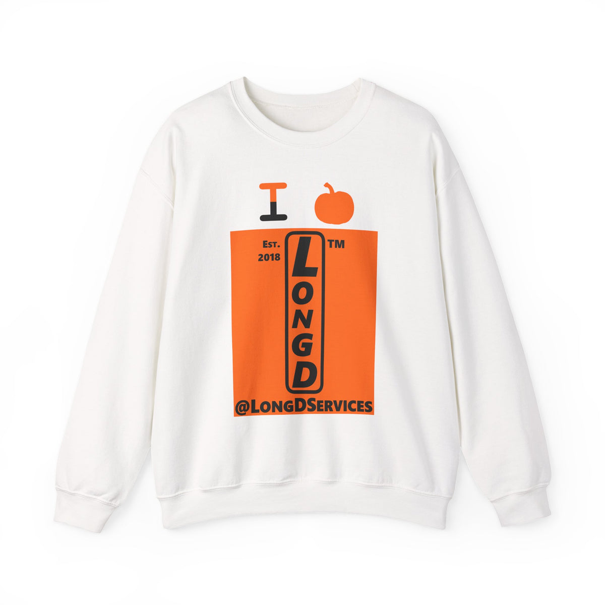 I pumpkin LongD Tag upright logo positive black on negative orange crewneck sweatshirt