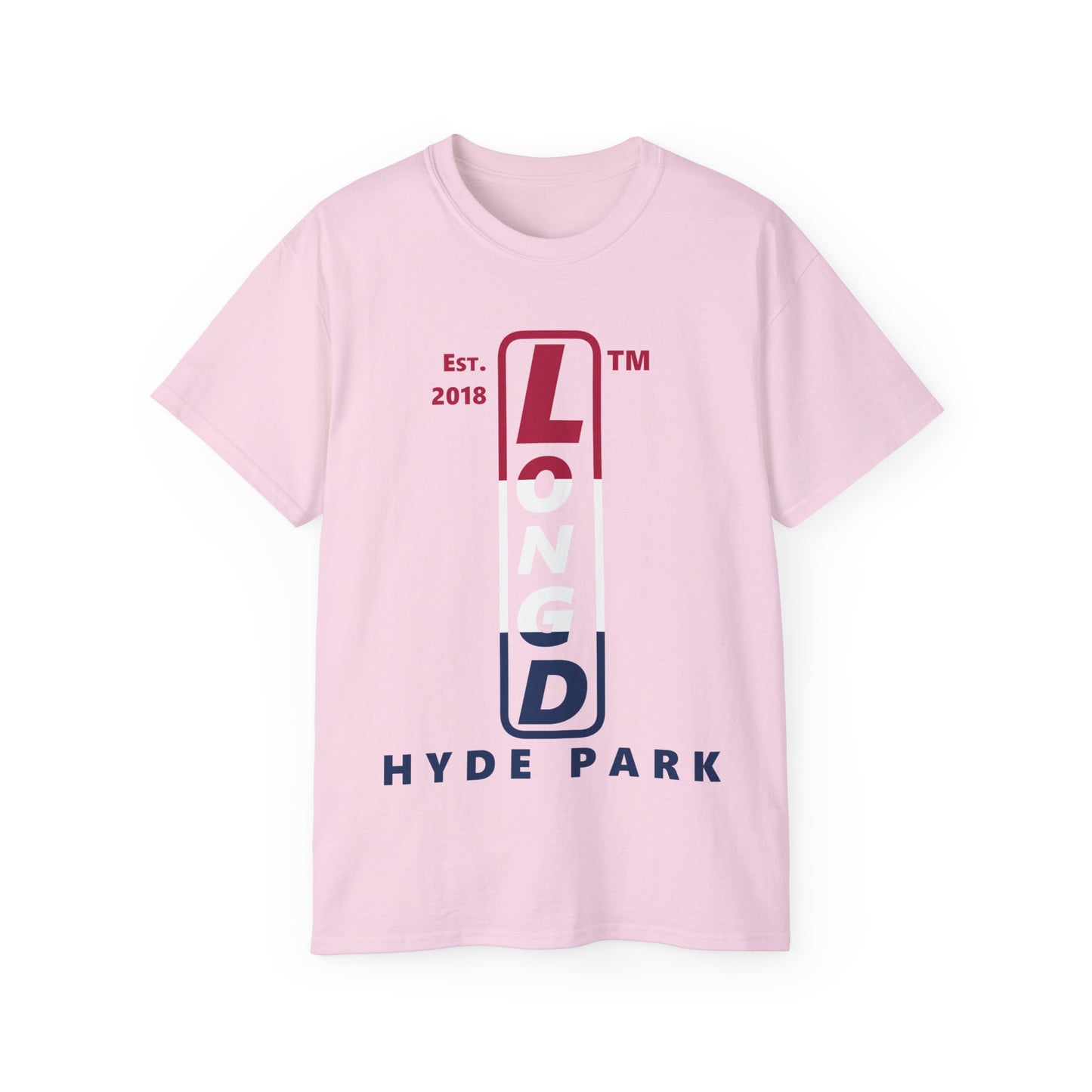 LongD cotton tee positive horizontal 3-striped Hyde Park upright logo (Patriotic colors)