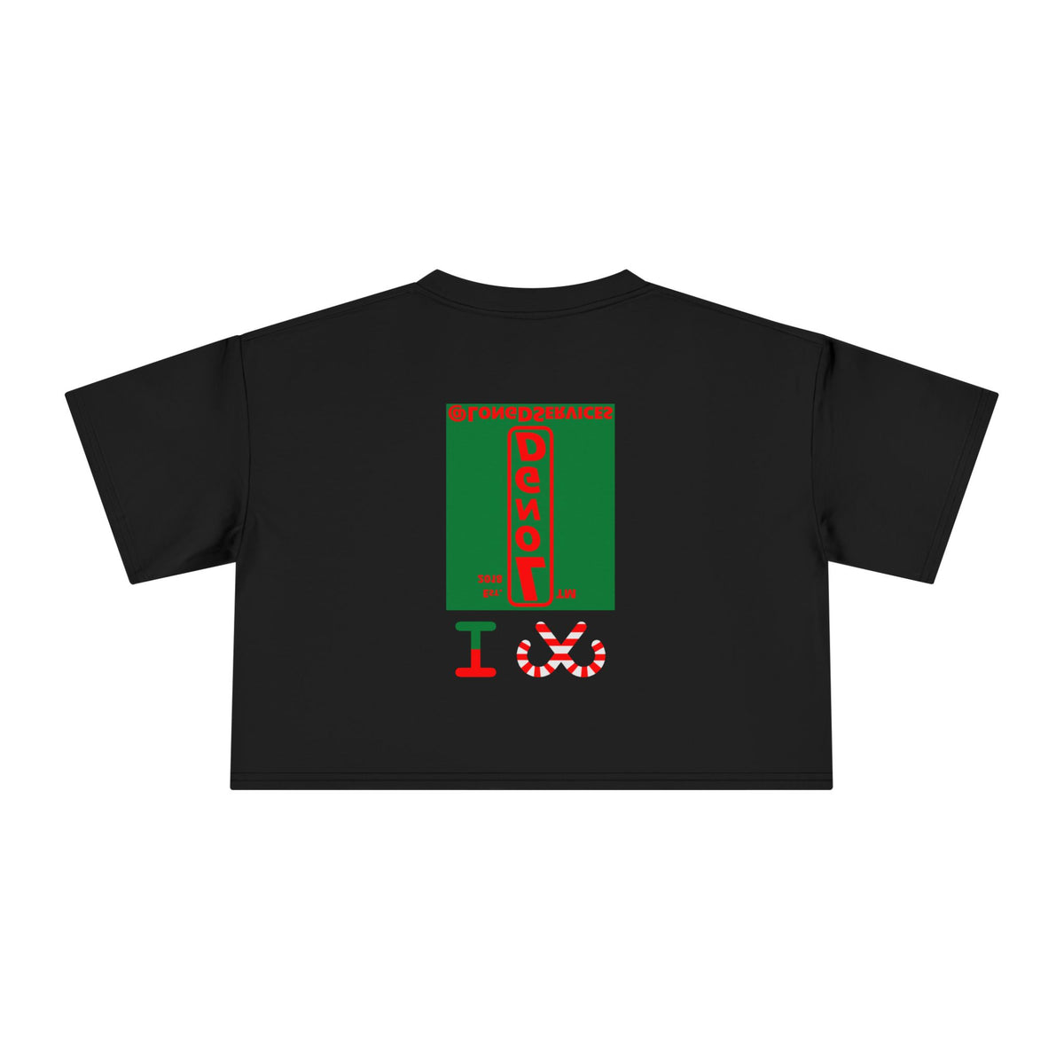 I candy cane LongD Tag upright front-back logo positive red on negative green crop tee