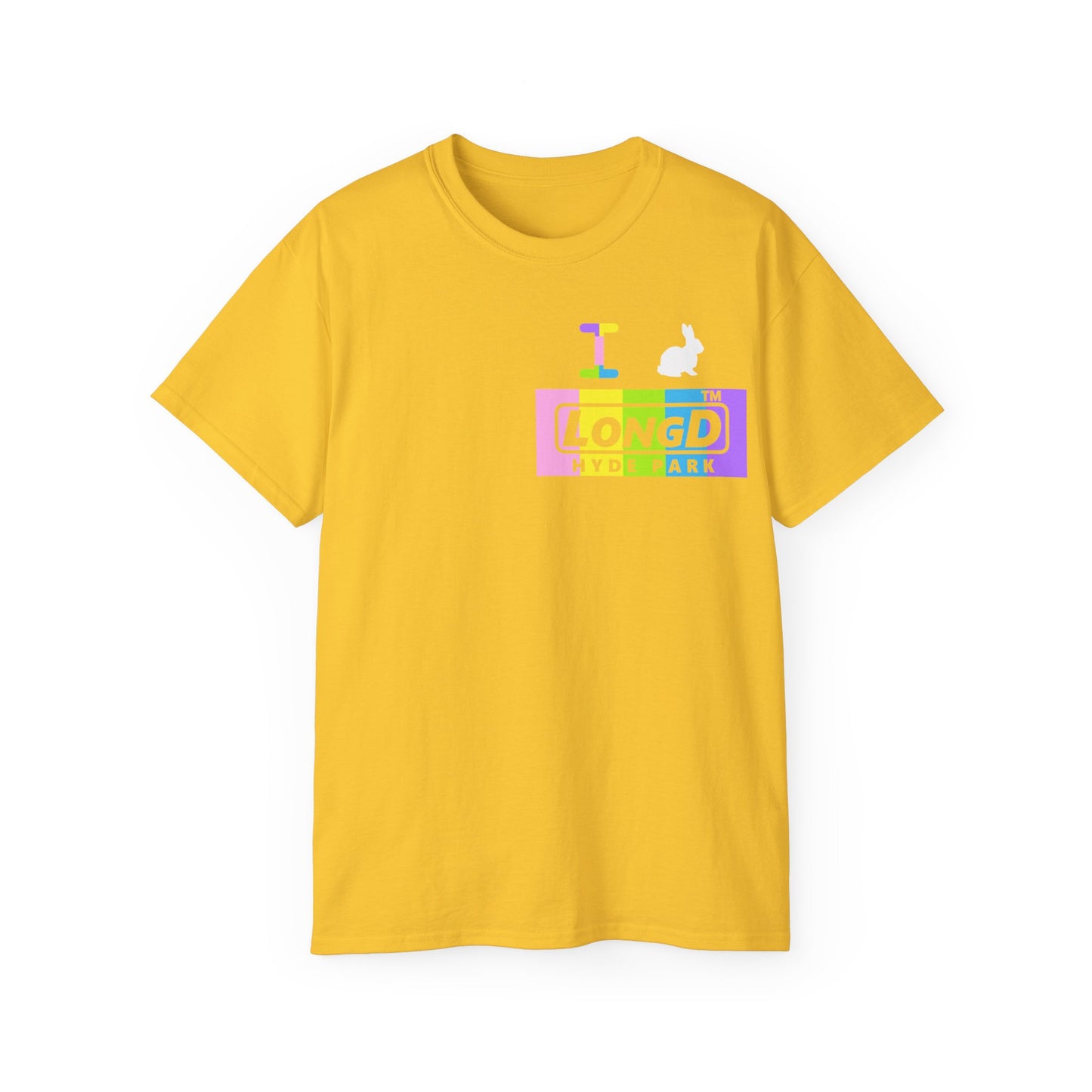 I Bunny LongD® negative vertical striped front-back Hyde Park Logo Cotton Tee