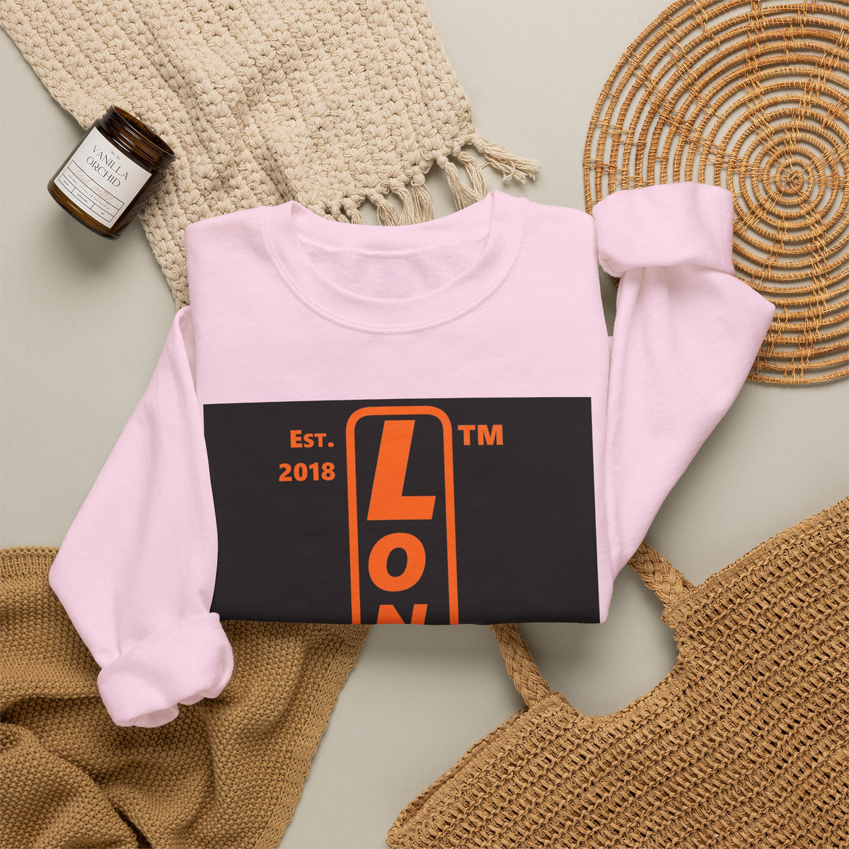 LongD Chicago upright front-back logo orange (FE7518) on Black (000000) crewneck sweatshirt