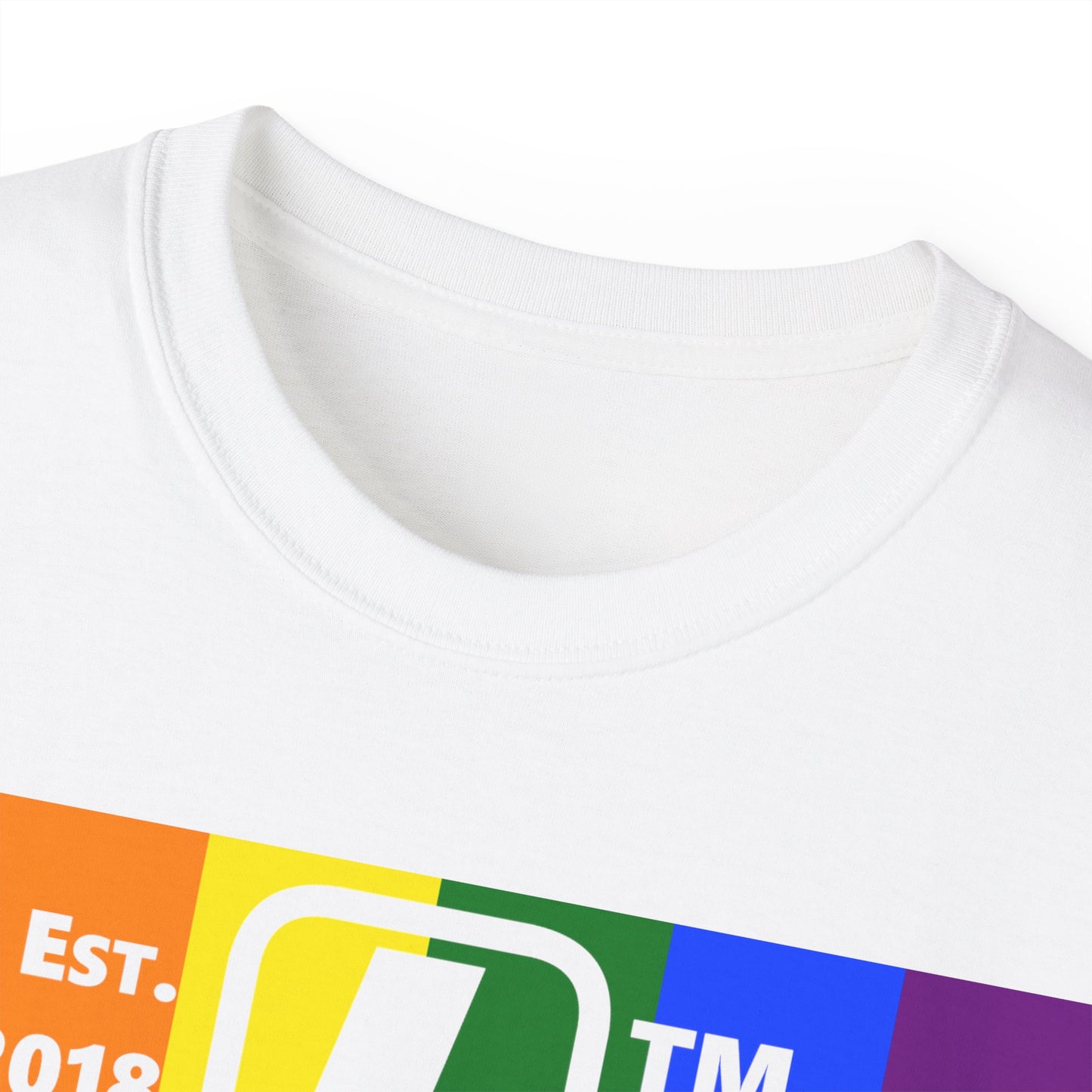 LongD Cotton Tee negative vertical striped Hyde Park upright logo (Pride colors)