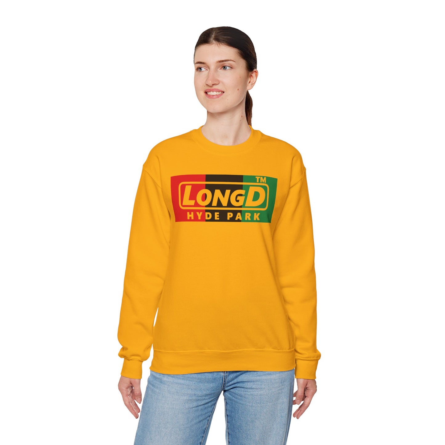 LongD negative vertical 3-striped Hyde Park logo crewneck sweatshirt (Juneteenth colors)