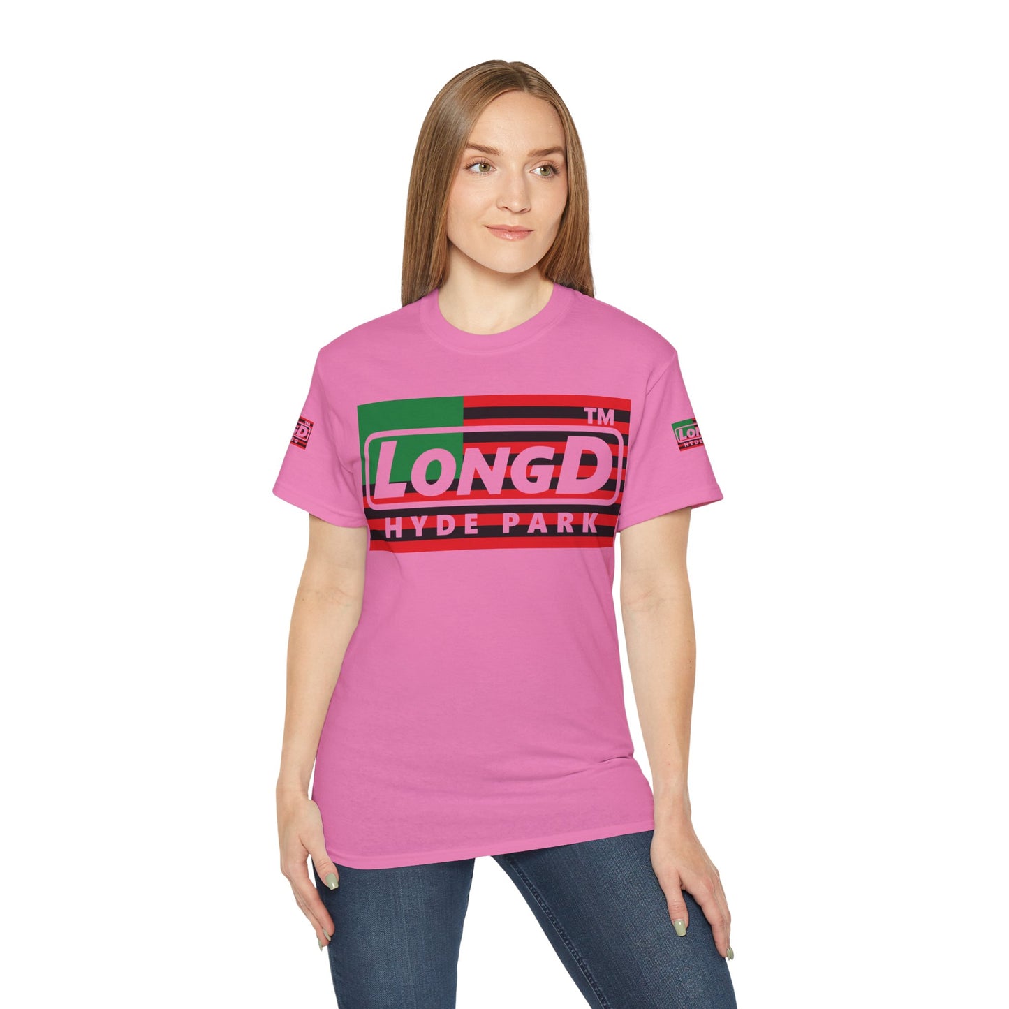 LongD negative flag Hyde Park logo 4-print cotton tee (Juneteenth colors)