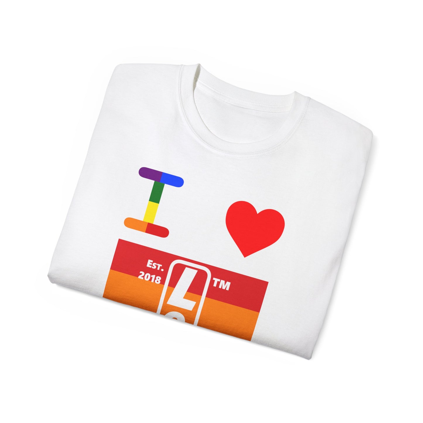 I Luv LongD Cotton Tee negative horizontal striped Chicago upright logo (Pride colors)