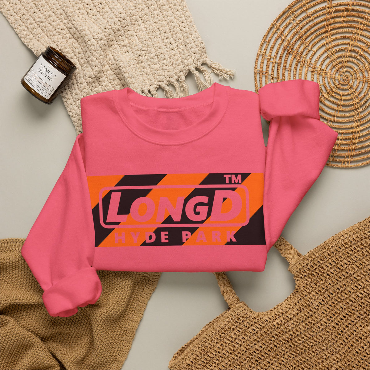 LongD Hyde Park negative diagonal 6-striped front-back logo (Halloween colors) crewneck sweatshirt