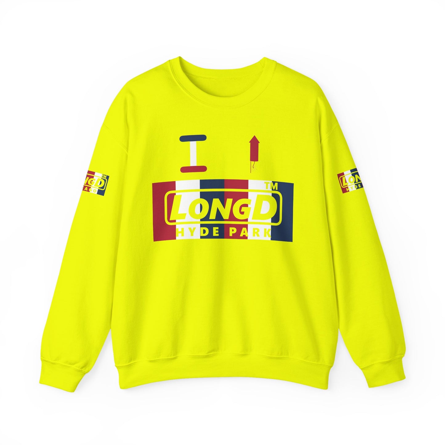 I firecracker LongD positive vertical 6-striped 4-print Hyde Park logo crewneck sweatshirt