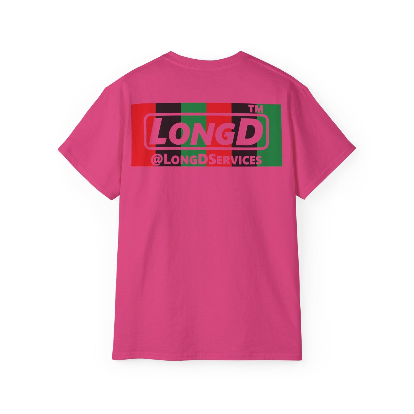 LongD negative vertical 6-striped Hyde Park logo front-back cotton tee (Juneteenth colors)